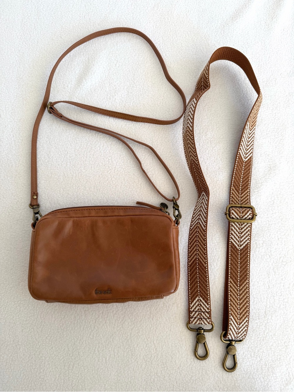 The Sak Brown Leather Crossbody Bag with additional Patterned Strap